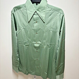 Vtg 70s Men’s Arnel Nylon Dress Shirt Long Sleeves Button Up Green Size M NWOT